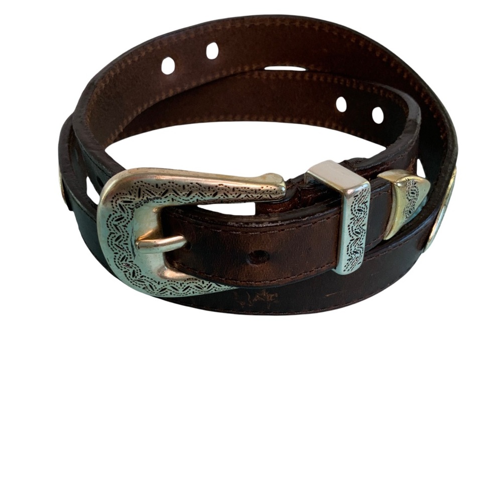 Genuine Cowhide Belt Silver Tone Accents an Brown Leather 31 in x 1 in sku13